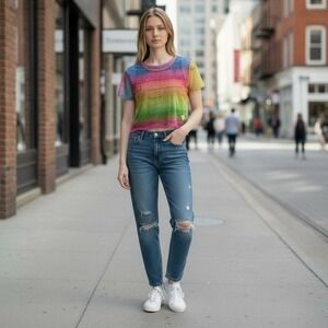 LOVE J Rainbow L Mesh Sheer Crop Top Short Sleeve T Shirt Womens Trendy Festival